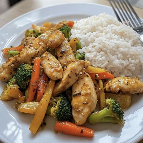 Pollo con verduras salteadas y arroz